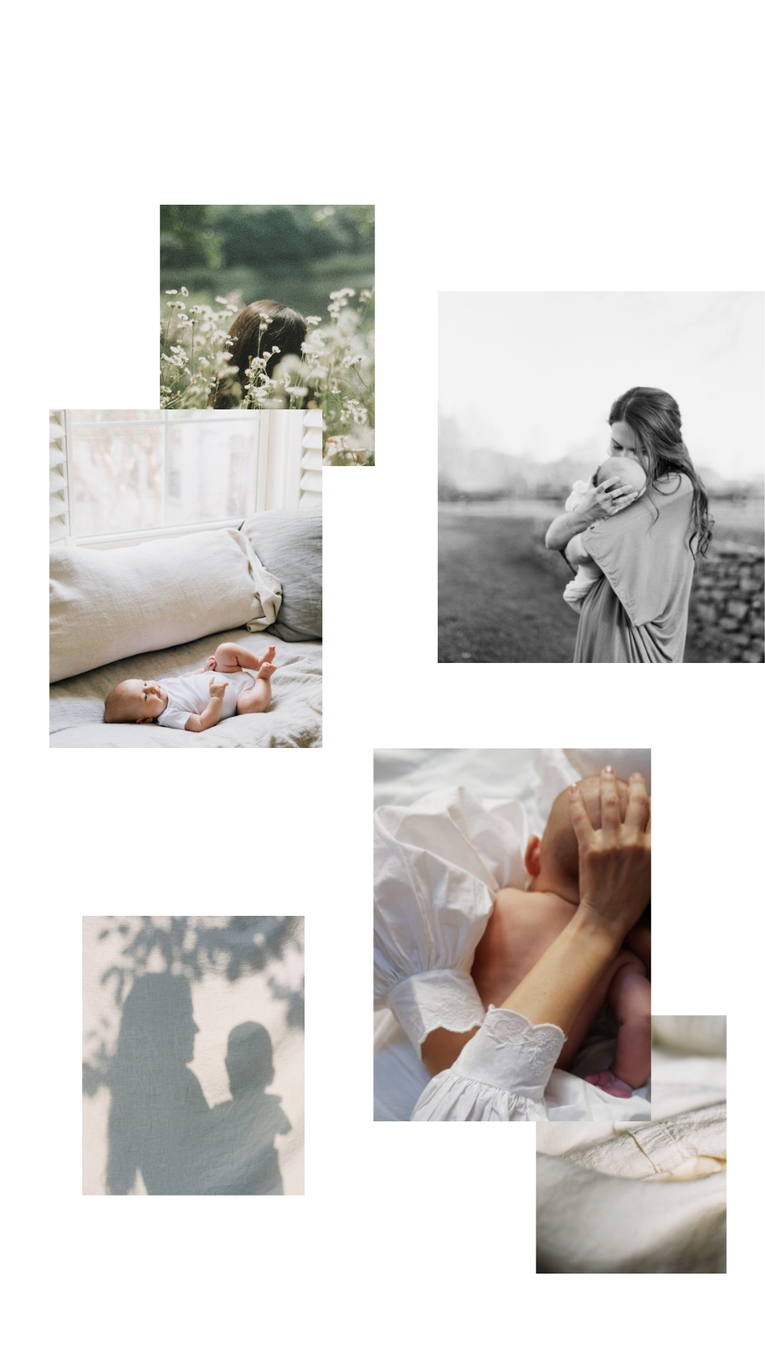 Vision board with inspiration images depicting motherhood, babies, and outdoor scenes