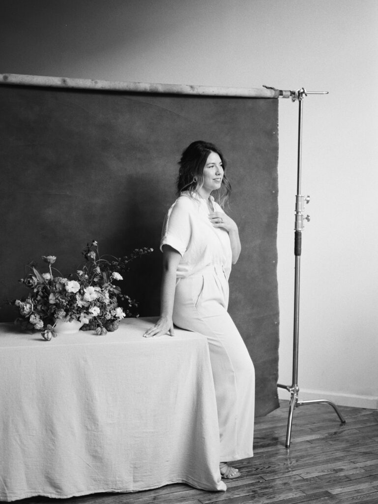 A branding session in the studio in Nashville photographed on black and white film of a floral designer
