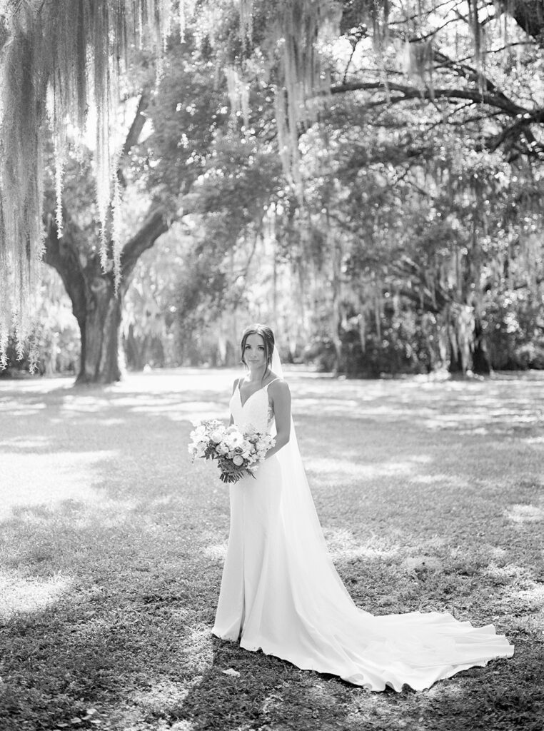 Black and white portrait of a bride at her summer wedding in Charleston